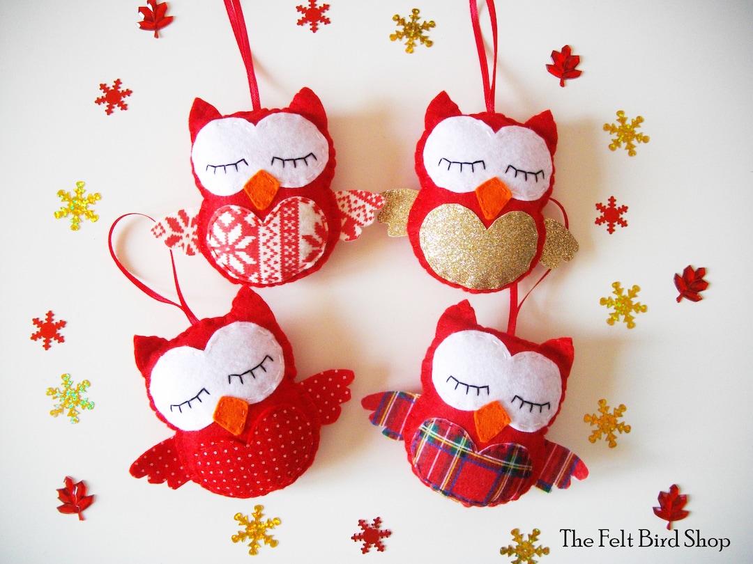 Gufetti di Natale - Gufi rossi - Addobbi natalizi - Gufi di pannolenci