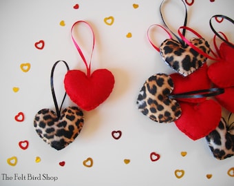 Leopard and red hearts - Valentines day decor - Felt red hearts - Cheetah print hearts - Leopard valentines ornaments - Felt hearts