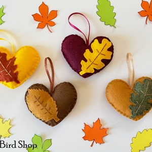 Felt hearts with leaf - Autumn felt hearts - Fall ornaments - Felt Hearts - Autumn decor - Thanksgiving decor - Autumn colors hearts