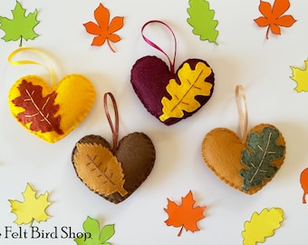 Felt hearts with leaf - Autumn felt hearts - Fall ornaments - Felt Hearts - Autumn decor - Thanksgiving decor - Autumn colors hearts