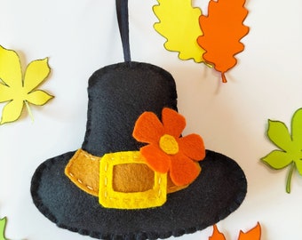 Felt pilgrim hat with flower - Black pilgrim hat - Thanksgiving felt decor- Fall felt ornaments - Autumn decor - Halloween decor