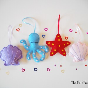 Criaturas Marinhas de Feltro - Conjunto de Decoração Marinha - Conjunto de 4 - Conchas de Feltro - Estrelas do Mar - Polvo de Feltro - Decorações de Verão