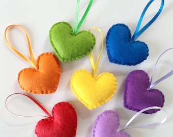 Rainbow felt hearts - Felt hearts ornaments - Rainbow ornaments - Rainbow nursery decor - Rainbow home decor - Rainbow baby mobile