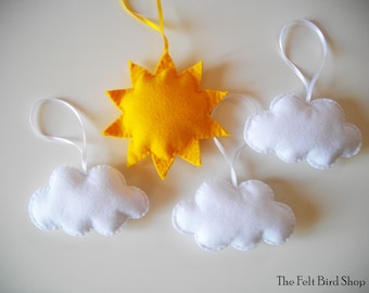 Sun and cloud ornament - Felt sun decor - Nursery cloud decor - Cloud mobile set - Hanging felt ornament - Sun and cloud mobile - Set of 4