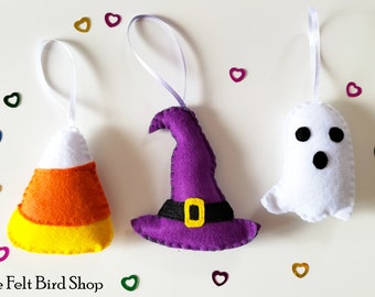 Halloween ornaments - Candy corn - Witch's hat - White ghost - Halloween party - Sweet or treat - Felt ornaments
