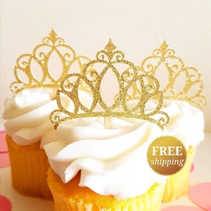 Princess Crown Cupcake Toppers Glitter Crown Toppers Gold Glitter Crown Toppers Princess Baby Shower Glitter Tiara Princess Decorations image 1