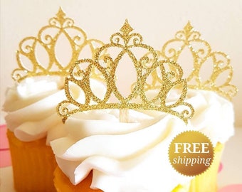 Princess Crown Cupcake Toppers Glitter Crown Toppers Gold Glitter Crown Toppers Princess Baby Shower Glitter Tiara Princess Decorations