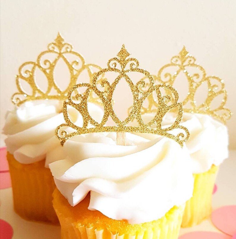 Princess Crown Cupcake Toppers Glitter Crown Toppers Gold Etsy