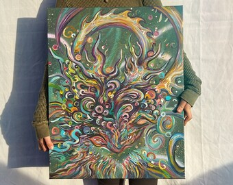Isola Bella - original acrylic painting - abstract heart psychedelic love water ocean sea antler deer painting. visionary art flamgu
