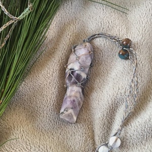 Amethyst Macrame Adjustable Crystal Necklace - Third Eye and Intuition - Everyday necklace - blue opal, howlite, bloodstone