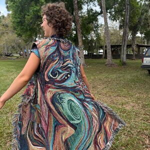 one of a kind unisex cotton woven art blanket vest cloak with pockets tapestry painting flamgu