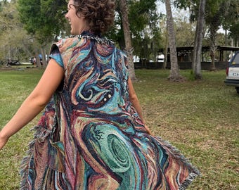 Unik unisex bomullsvävd konstfilt väst kappa med fickor gobelängmålning flamgu