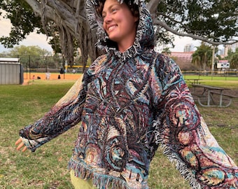 Medium Large art blanket tapestry hoodie - abstract purple and teal festival slow fashion one of a kind flamgu visionary trippy art clothes