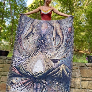 Meraki Large Cotton Woven Art Blanket - Visionary, Fantasy, Wild, Surreal Dream Psychedelic Art Flamgu