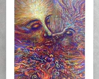 Flying Together - limited edition 12x15 inch print - flamgu visionary art love kiss painting abstract heart psychedelic
