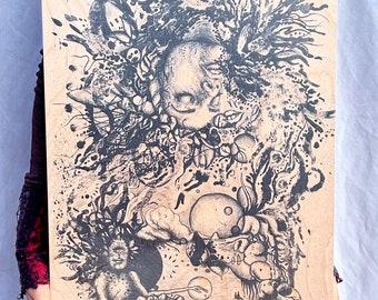 Ajoite's Promise - limited edition 18x24 inch wood print - flamgu black and white cyclops psy visionary art
