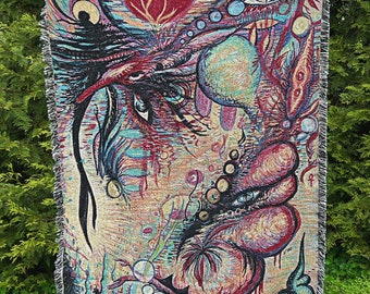 Echoes of Anima and Animus Blanket - psychedelic cotton woven blanket wild flamgu art cape
