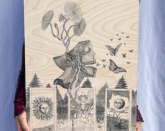Rejuvenate - limited edition wood print - medical illustration tarot occult art black and white moon sun mushroom