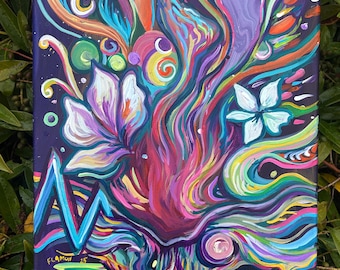 Moonlit Path - original acrylic heart art painting flower psychedelic visionary art