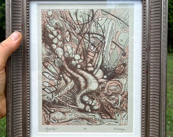 Dyalla original framed abstract surreal etching black and white art by flamgu