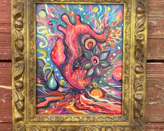 Space Diver original heart painting love framed art flamgu visionary art