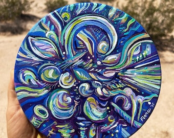 Cradling the Sea 8x8 inch original acrylic painting flamgu visionary abstract psychedelic art blue and green cool painting circle