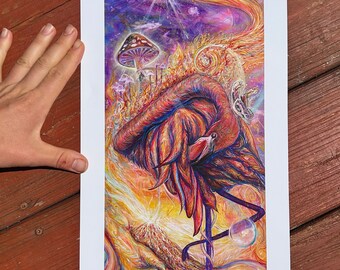 Dope Flamingo Limited Edition Paper Print - collab with Kuhmali - psychedelic mushroom flamingo trippy art