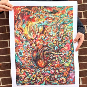 May include: A colorful abstract painting with swirling lines and shapes in shades of red, orange, yellow, green, blue, and purple. The painting features a central heart-shaped form with tendrils extending outward. The title "In Nature" is written in the bottom right corner.