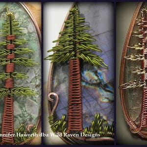 May include: Close-up of three wire-wrapped tree pendants. Each pendant features a copper wire tree with green wire branches and a red copper wire trunk. The trees are set against different backgrounds, including a green and white stone, a purple and blue stone, and a brown and white stone.