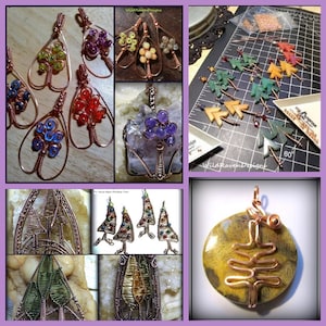 Pode incluir: Uma colagem de imagens que mostram joias envoltas em arame com várias pedras preciosas e designs. As joias incluem pingentes em forma de árvores, um pingente com um cacho de pedras de ametista e um pingente com uma pedra de jaspe amarela. O texto "WildRaven Designs" aparece na imagem.