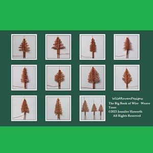 Può includere: Una guida passo passo per creare un albero in filo metallico. L'immagine mostra 9 fasi del processo, a partire da un semplice anello di filo e terminando con un albero completamente formato. L'immagine è accompagnata da un testo che dice "WildRavenDesigns The Big Book of Wire Weave Trees ©2023 Jennifer Haworth All Rights Reserved".