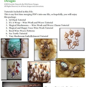 Pode incluir: Uma coleção de tutoriais de joias envoltas em arame, incluindo um amuleto de cogumelo, uma tartaruga marinha e um pequeno enfeite de cogumelo. Os tutoriais são oferecidos de várias maneiras no Facebook ou Etsy, mas são combinados em um único arquivo para facilitar o armazenamento.