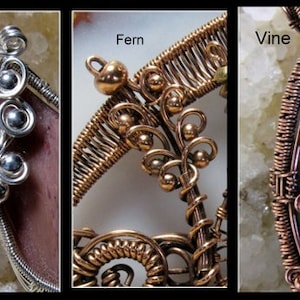 Pode incluir: Três imagens de close-up de pingentes de joias envoltos em arame. A primeira imagem mostra um pingente de prata com um design de uva. A segunda imagem mostra um pingente de ouro com um design de samambaia. A terceira imagem mostra um pingente de cobre com um design de videira.