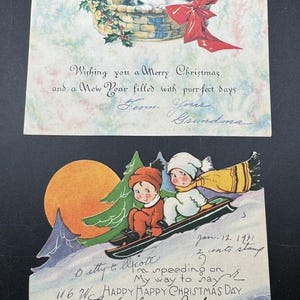 2 cartes de vœux de Noël victoriennes des années 1900 découpées à la matrice, couleurs incroyables !