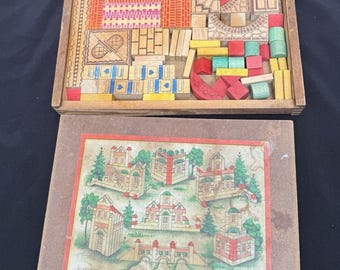 Raro juego de bloques de construcción de madera Fritzsch vintage posterior a la Segunda Guerra Mundial, zona de EE. UU., Alemania, completo