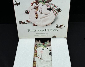 Vtg Fitz And Floyd Plaid Christmas Reindeer Canape Serving Holiday Plate MIB!