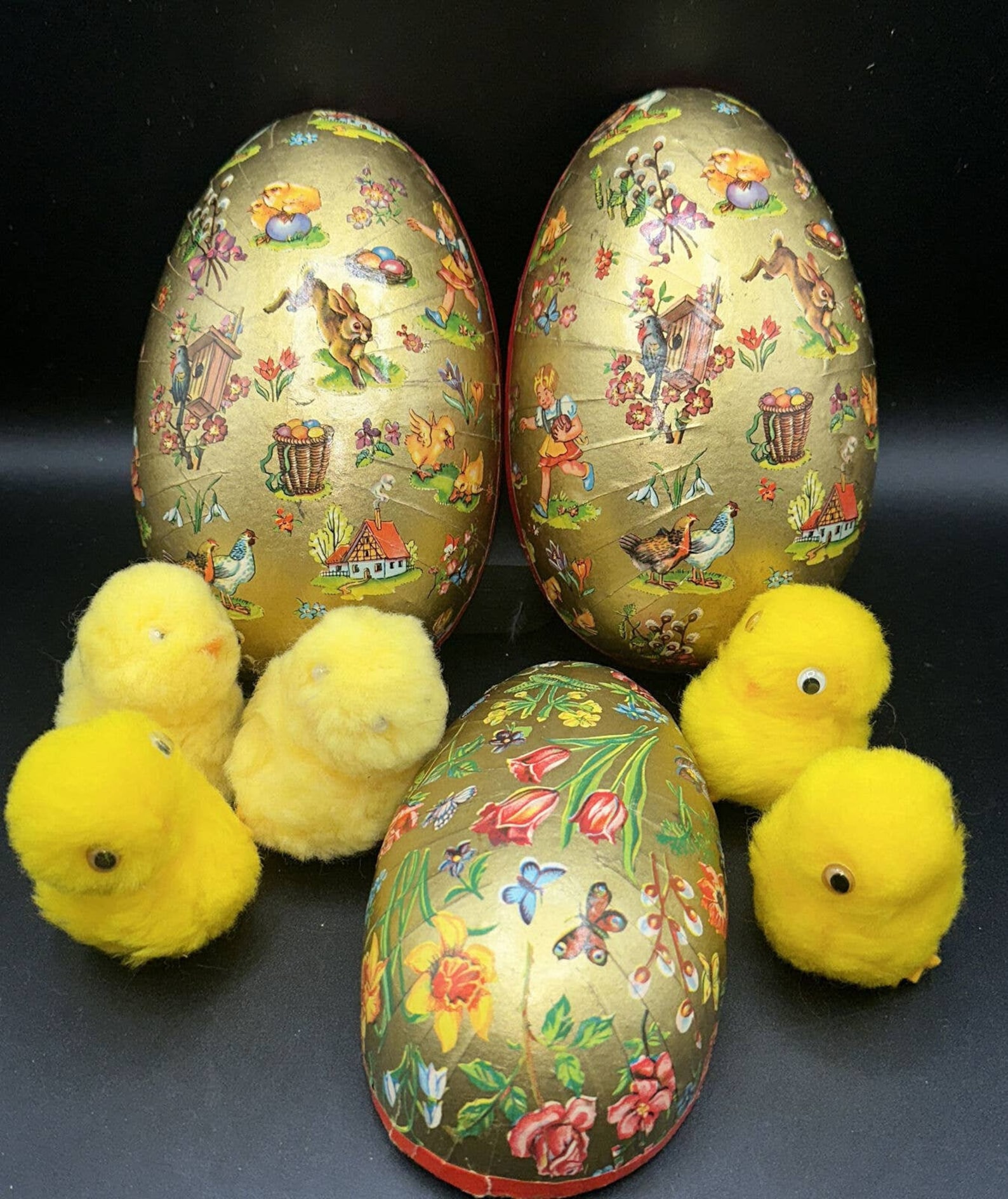 Antique Western Germany Paper Mache Easter Egg Containers W/ Chicks 5Q
