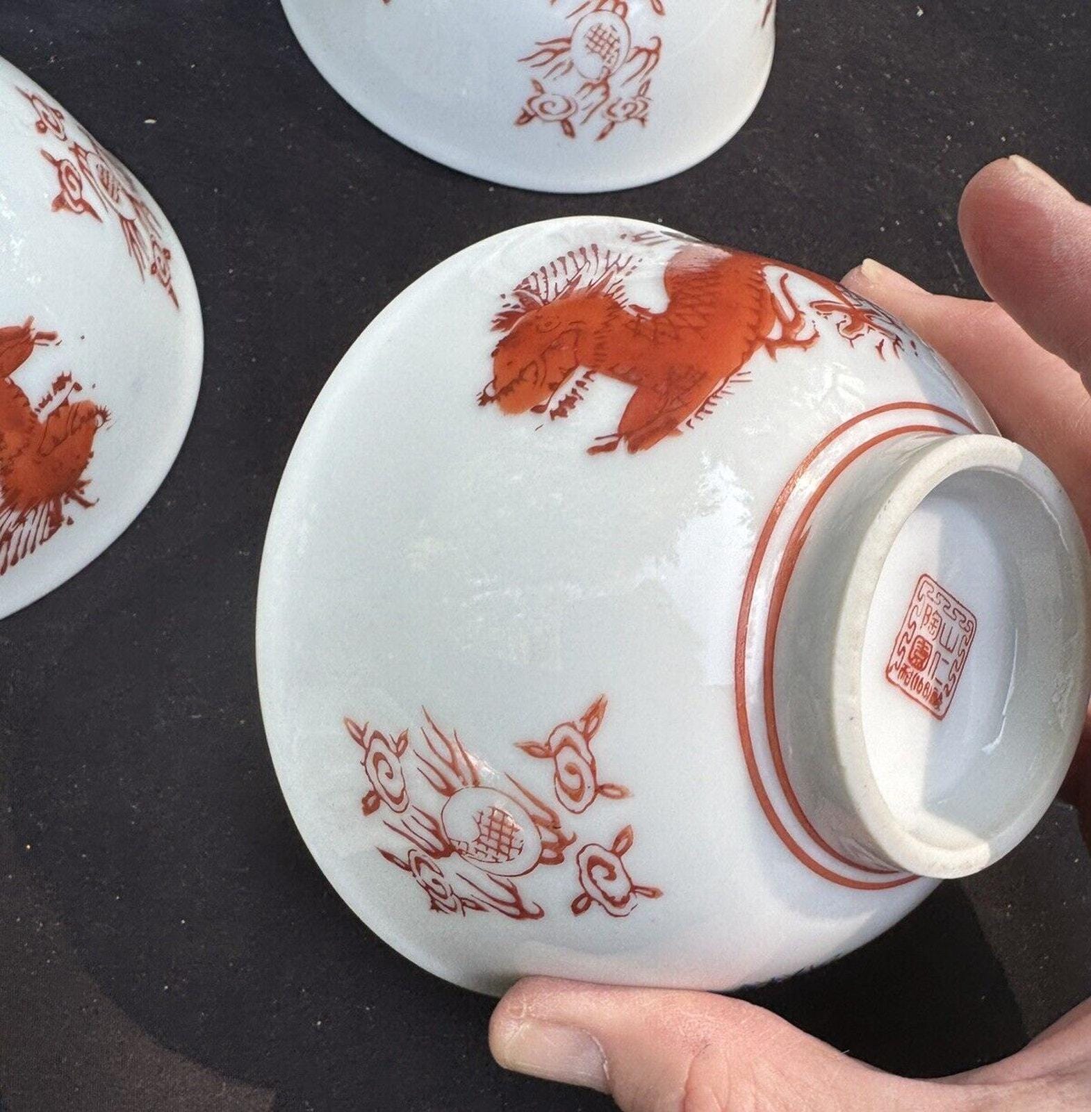 ヴィンテージ中国磁器手描き龍と鳳凰ライスボウル 10 個 新品同様