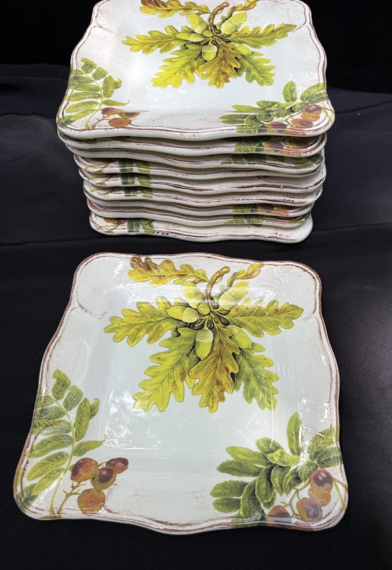 10 Sur La Table Acorn & Fig 9.5" Salad Plates made in Italy Fall Theme Mint! image 10