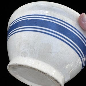 Antique Stoneware Pottery Banded 11” Mixing Bowl with Blue Stripes