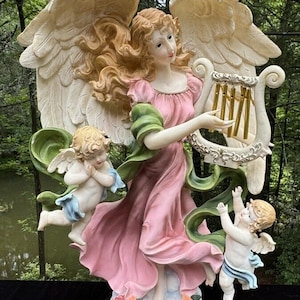 Stunning Huge 19” Angel Cherubs Playing Real Windchimes Floating On Cloud 1990’s