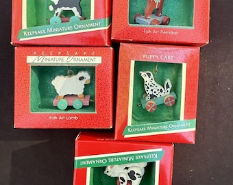 5 Vintage 1980’s Hallmark Miniature FOLK ART Christmas Ornaments New! -36D