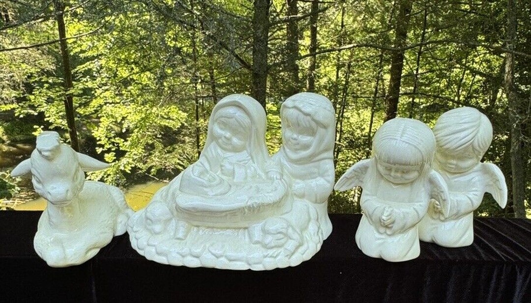 Vintage Scioto Mold Ceramic Nativity Angels & Donkey Set in White Large