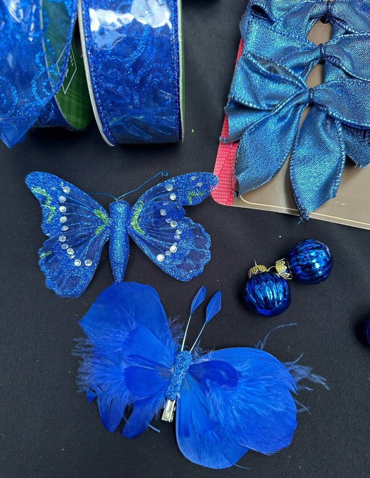 Stunning Royal Blue Feather Butterfly Glitter Bow Ribbon & Ornament Lot ...