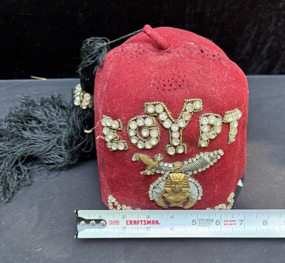 Vintage SHRINE Masonic Fez Hat Egypt Drum Corp Felt Rhinestone