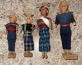 Thread Dolls Vintage 8" Wood + Cloth Folk Art 4 Doll Figures Made in Guatemala