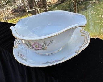 Vintage Royal Sealy Fine Bone China Floral Gravy Boat Japan Gold Trim