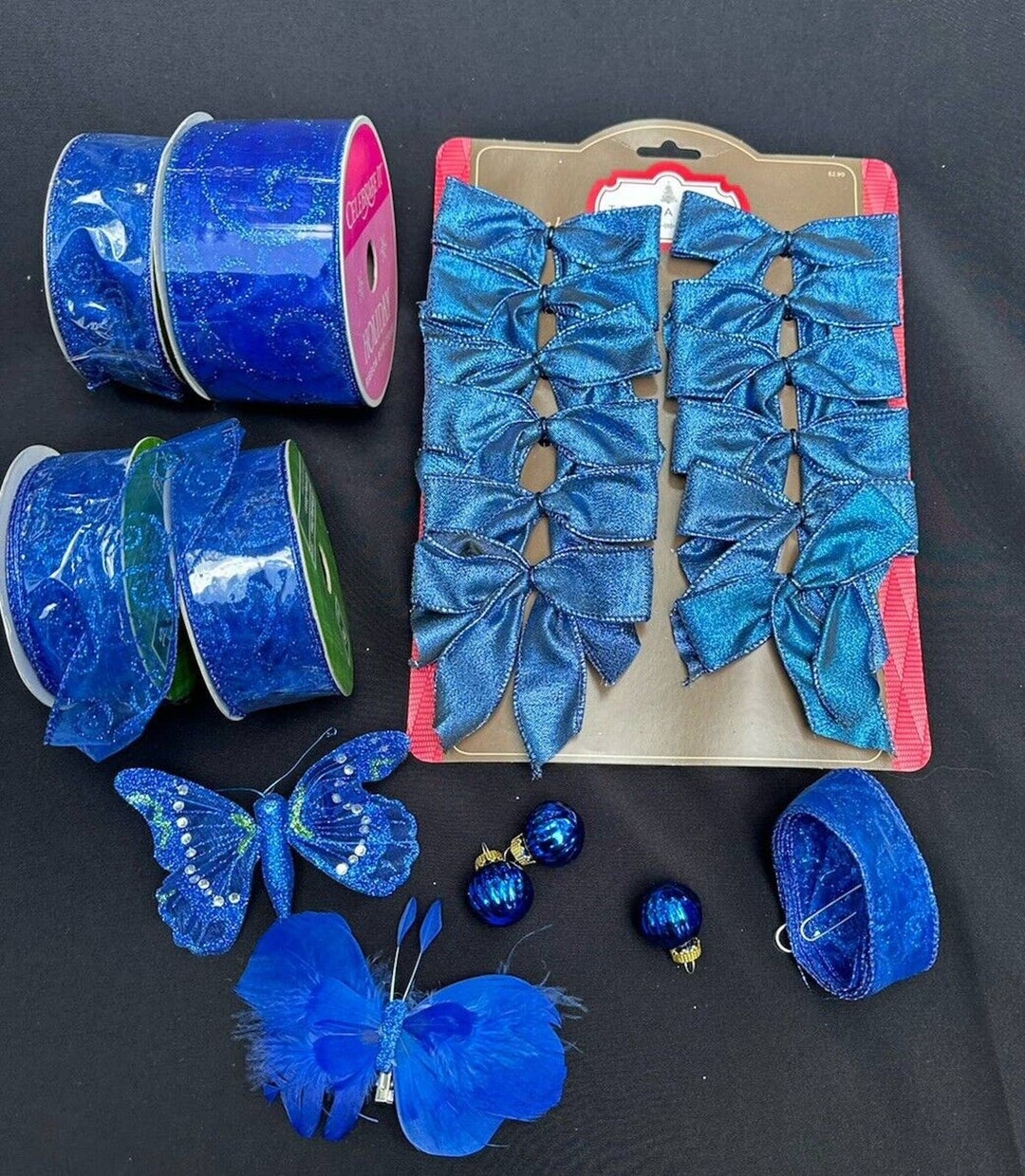 Stunning Royal Blue Feather Butterfly Glitter Bow Ribbon & Ornament Lot ...