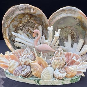 May include: A decorative seashell arrangement featuring a pink flamingo figurine, white coral, and various seashells. The arrangement is set against a backdrop of large, iridescent shells, creating a coastal theme. The base is a green and white painted ceramic.