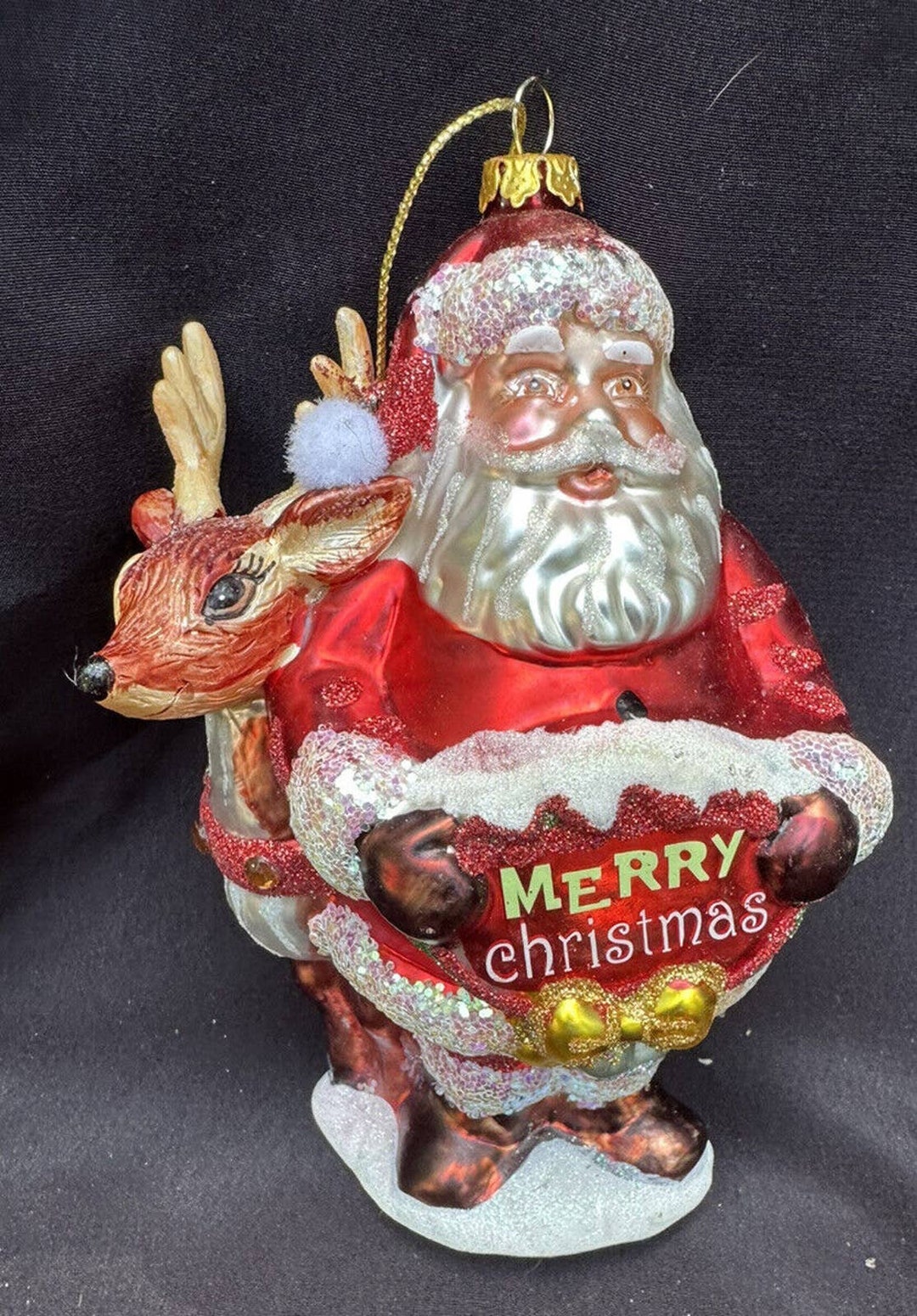 Blown Glass Christmas Ornament Santa & Reindeer 6.5 Christmas Sign S18